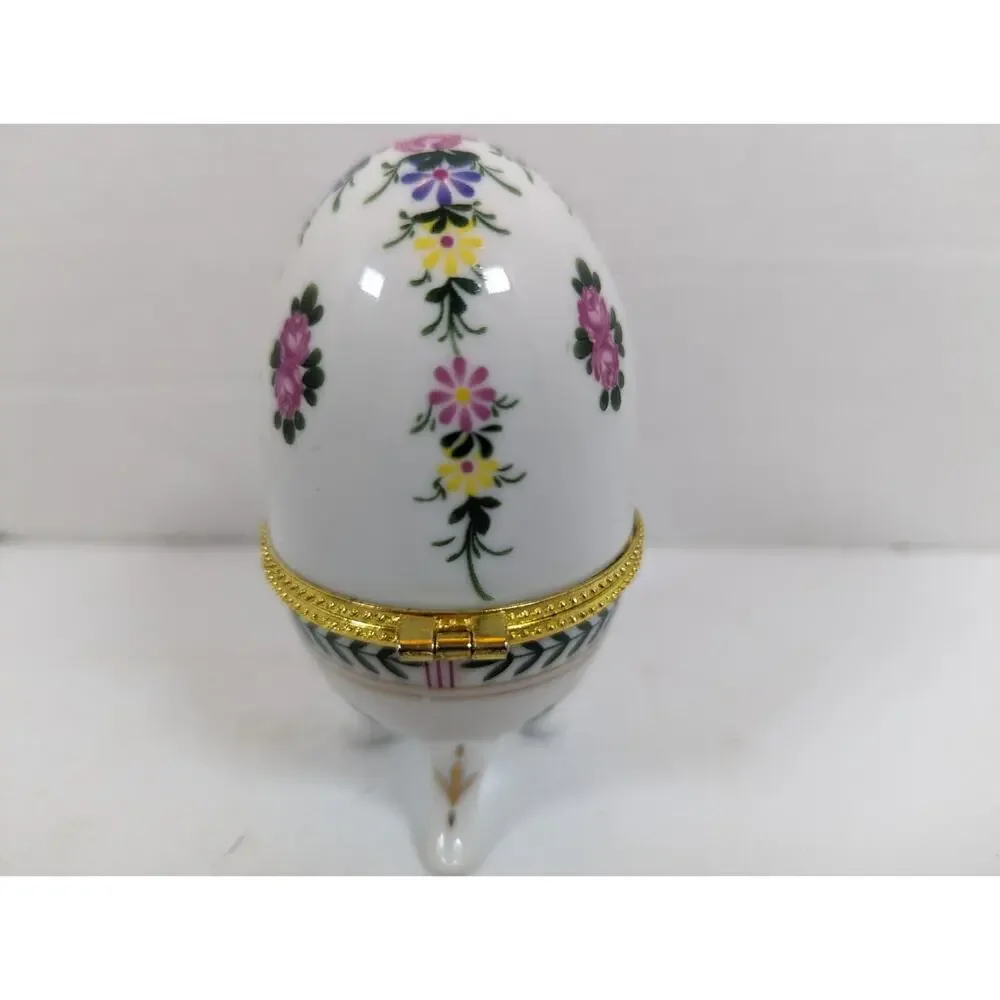 Egg-Shaped White with Flower and Gold Accents Ceramic Footed Trinket Box Vintage